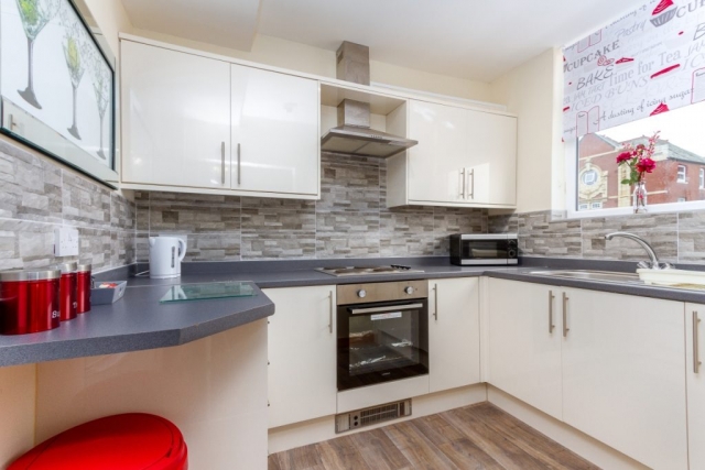 Self catering holiday apartments Blackpool. Beachcliffe apartments  7 Kitchen has an, oven, hob, microwave, kettle, toaster, fridge freezer, dish washer. Cooking utensils, plates and cutlery. Washing up liquid, dish clothes.